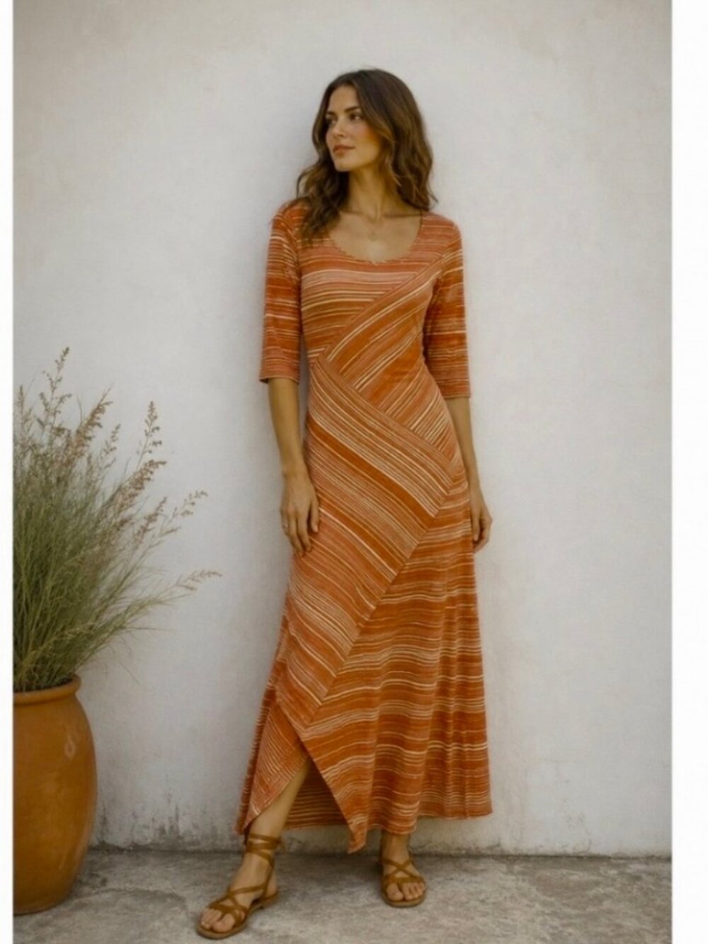 Peruvian Connection Circe 3/4 Sleeve Asymmetrical Maxi Dress Terracotta XS - Picture 4 of 16